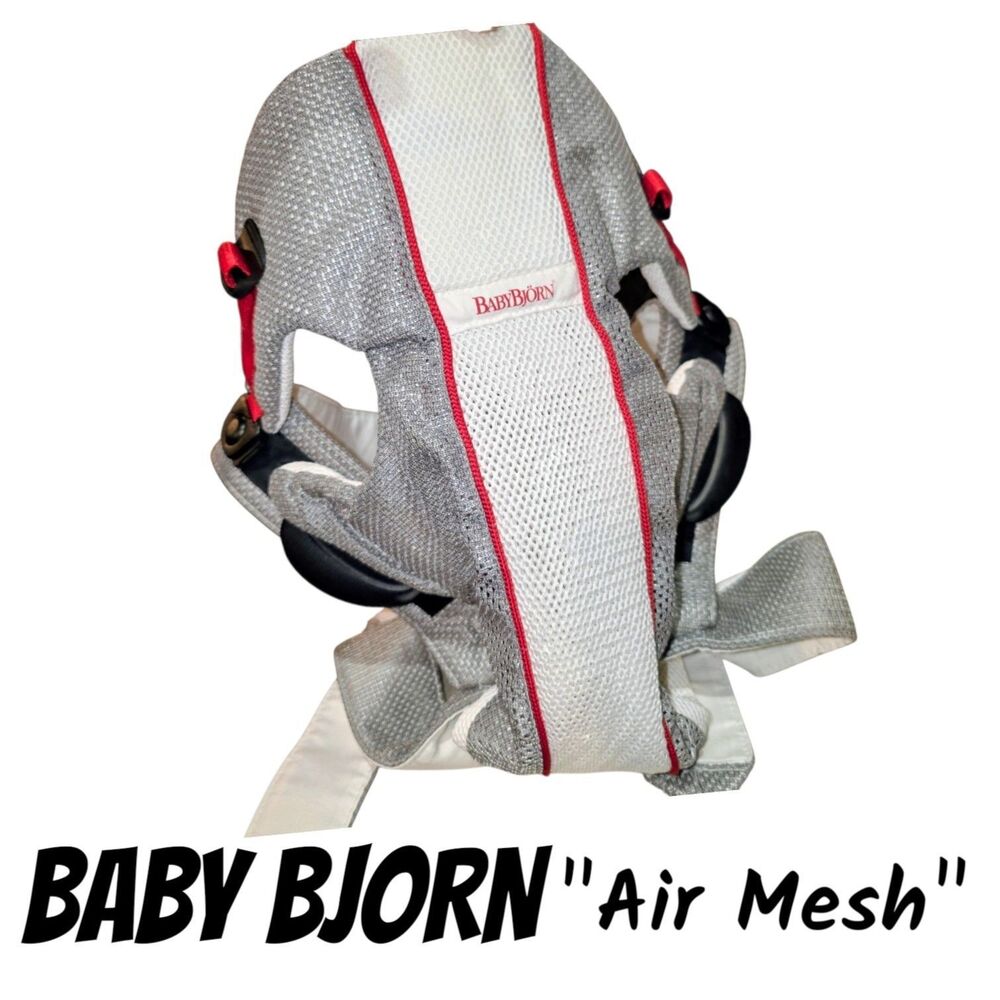 Baby Bjorn Air Mesh White Gray Red Travel Vacation Baby Wearing Logo Carrier